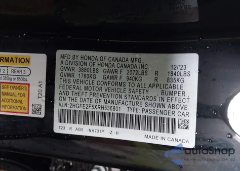 2024 Honda Civic Sport z USA, uszkodzony, nr VIN 2HGFE2F5XRH536801
